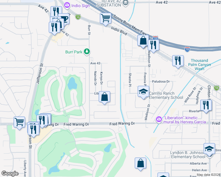 map of restaurants, bars, coffee shops, grocery stores, and more near 80669 Freedom Avenue in Indio