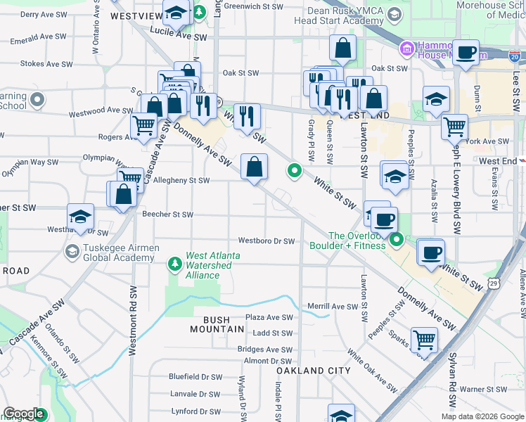 map of restaurants, bars, coffee shops, grocery stores, and more near 1283 Beecher Street Southwest in Atlanta