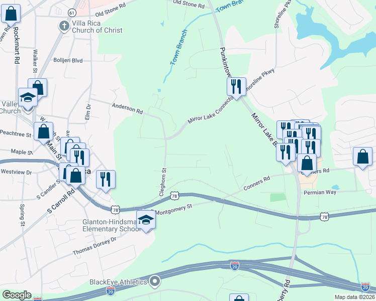 map of restaurants, bars, coffee shops, grocery stores, and more near 520 Myrtle Street in Villa Rica