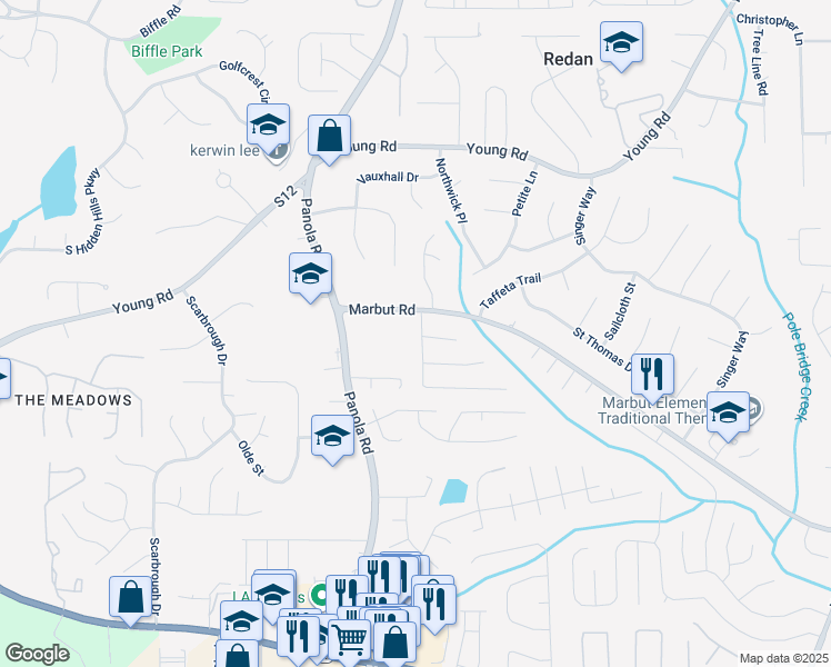 map of restaurants, bars, coffee shops, grocery stores, and more near 1927 Marbut Forest Drive in Lithonia