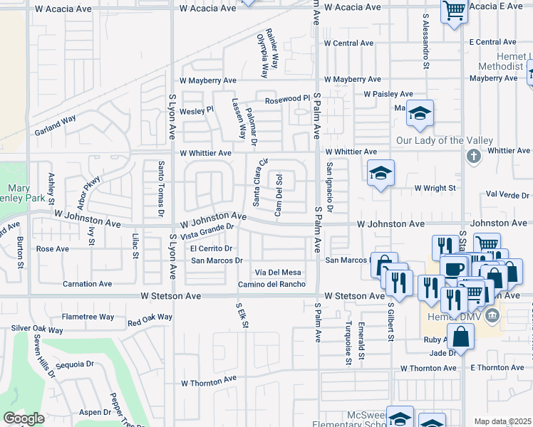 map of restaurants, bars, coffee shops, grocery stores, and more near 630 Santa Clara Circle in Hemet