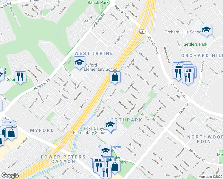 map of restaurants, bars, coffee shops, grocery stores, and more near 17 Roseville in Irvine