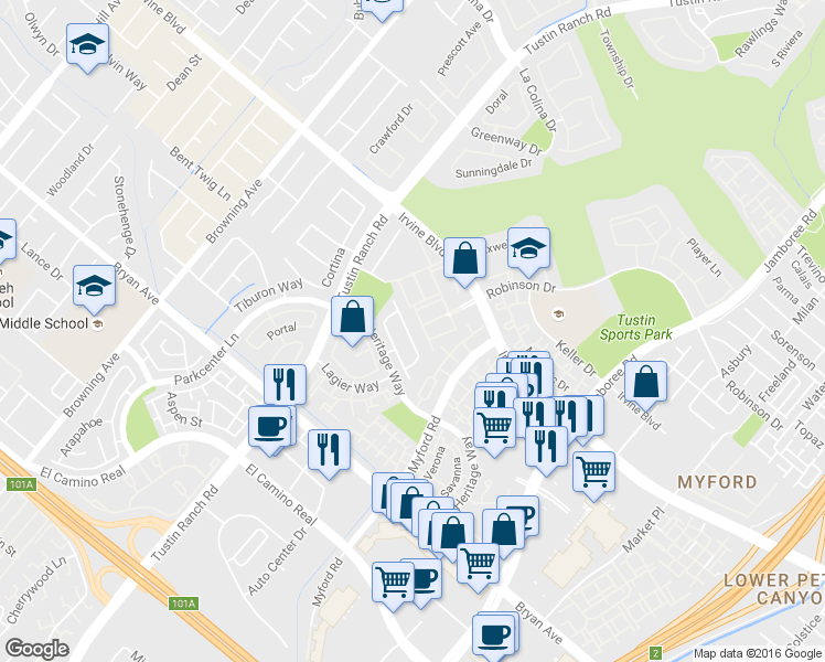 map of restaurants, bars, coffee shops, grocery stores, and more near 2492 San Simon Street in Tustin