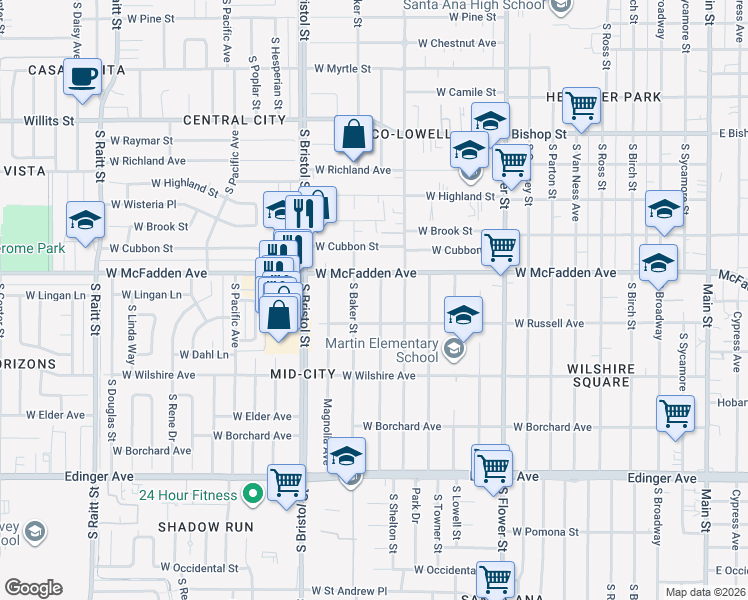 map of restaurants, bars, coffee shops, grocery stores, and more near 1126 South Rosewood Avenue in Santa Ana