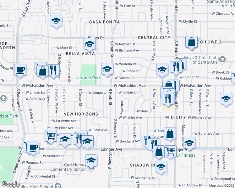 map of restaurants, bars, coffee shops, grocery stores, and more near 1120 South Linda Way in Santa Ana