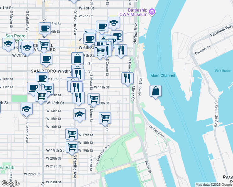 map of restaurants, bars, coffee shops, grocery stores, and more near 242 West 12th Street in Los Angeles