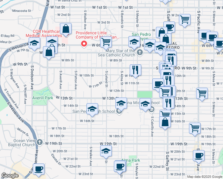map of restaurants, bars, coffee shops, grocery stores, and more near 1068 West 12th Street in Los Angeles