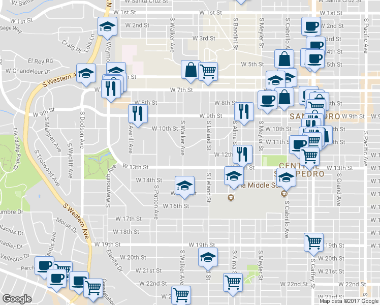 map of restaurants, bars, coffee shops, grocery stores, and more near 1115 South Walker Avenue in Los Angeles