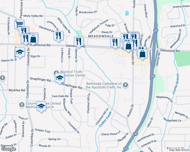 map of restaurants, bars, coffee shops, grocery stores, and more near 3647 Glen Mora Drive in Decatur