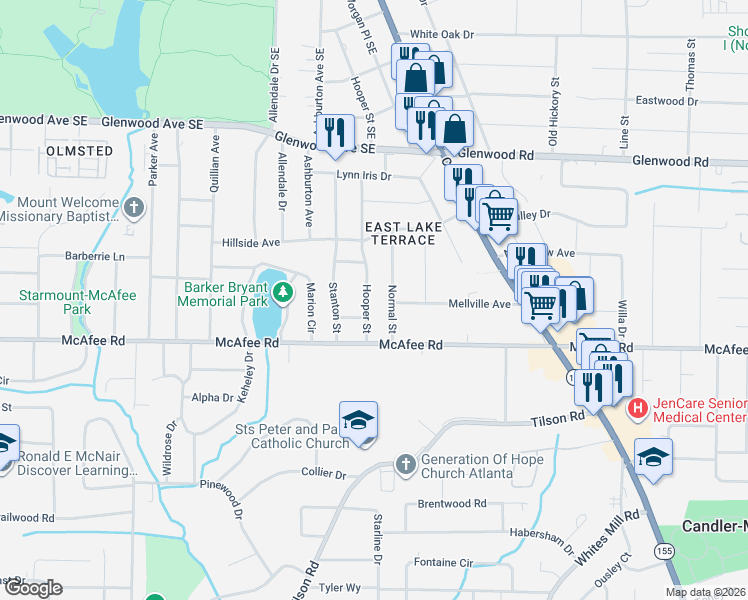 map of restaurants, bars, coffee shops, grocery stores, and more near 1968 Hooper Street in Decatur