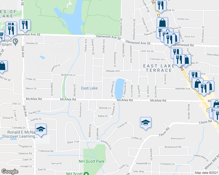 map of restaurants, bars, coffee shops, grocery stores, and more near 1979 West Lakeside Drive in Decatur