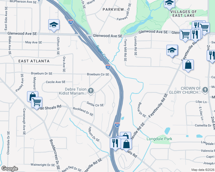 map of restaurants, bars, coffee shops, grocery stores, and more near 1964 Braeburn Circle Southeast in Atlanta