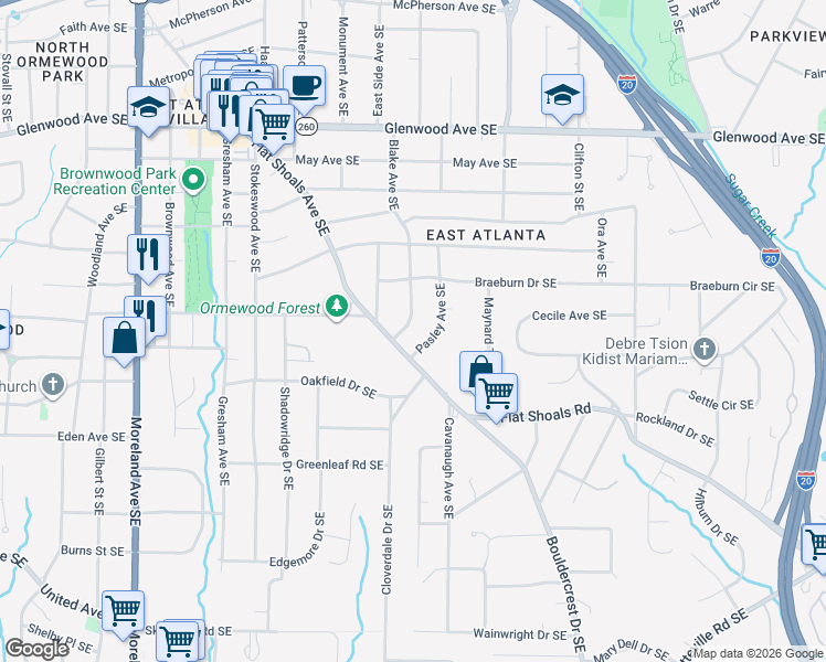 map of restaurants, bars, coffee shops, grocery stores, and more near 758 Blake Avenue Southeast in Atlanta