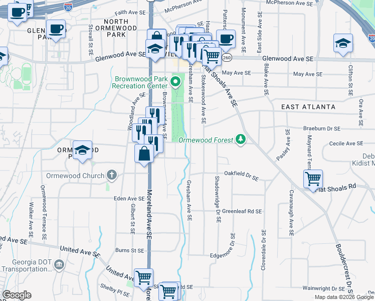 map of restaurants, bars, coffee shops, grocery stores, and more near 767 Gresham Avenue Southeast in Atlanta