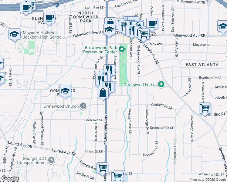 map of restaurants, bars, coffee shops, grocery stores, and more near 765 Brownwood Avenue Southeast in Atlanta