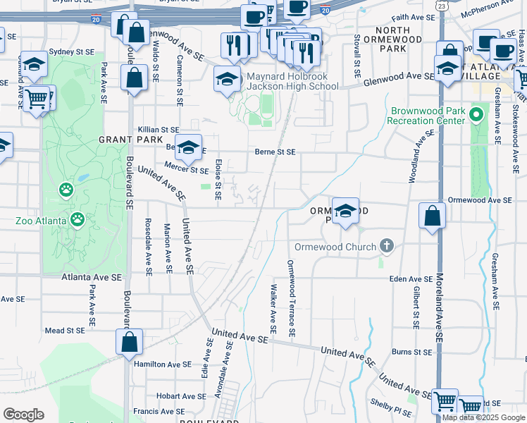map of restaurants, bars, coffee shops, grocery stores, and more near 1055 Ormewood Avenue Southeast in Atlanta