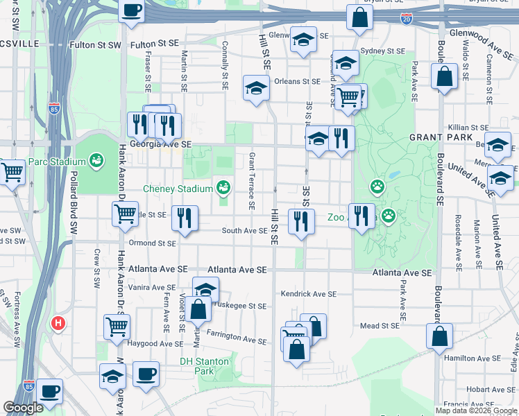 map of restaurants, bars, coffee shops, grocery stores, and more near 771 Woodson Street Southeast in Atlanta