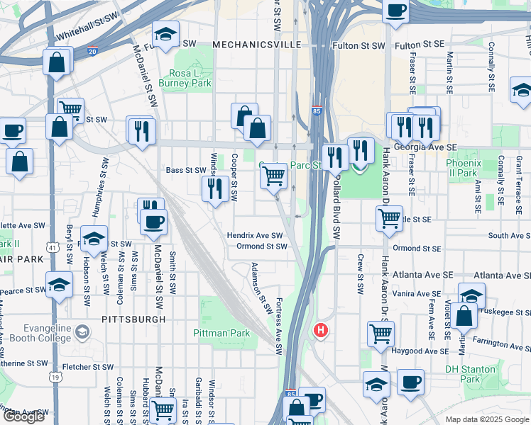 map of restaurants, bars, coffee shops, grocery stores, and more near 781 Pryor Street Southwest in Atlanta