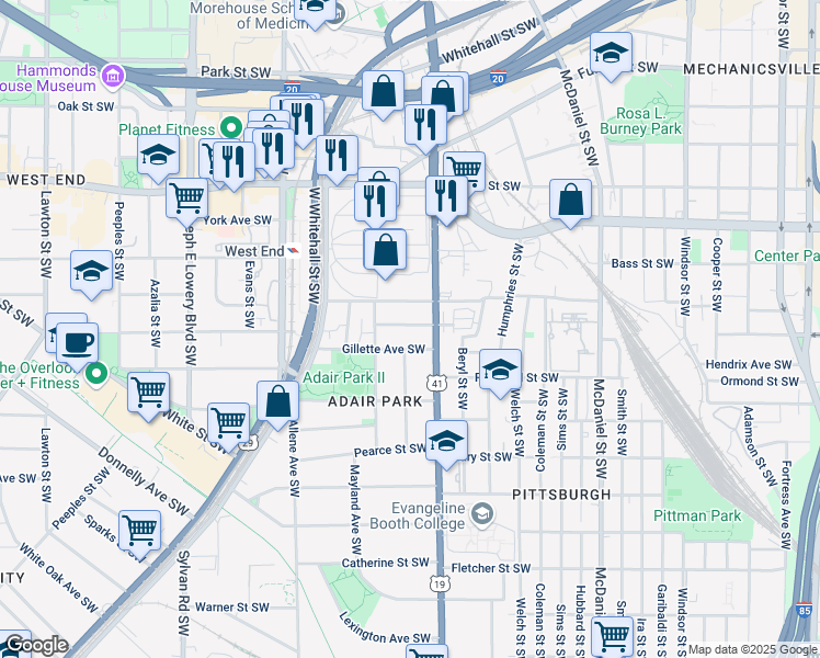 map of restaurants, bars, coffee shops, grocery stores, and more near 652 Hugh Street Southwest in Atlanta