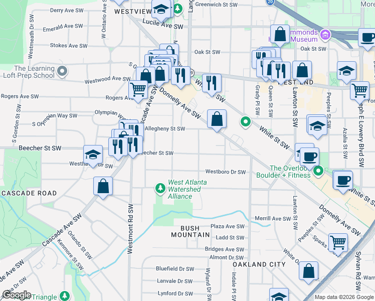 map of restaurants, bars, coffee shops, grocery stores, and more near 1355 Beecher Street Southwest in Atlanta
