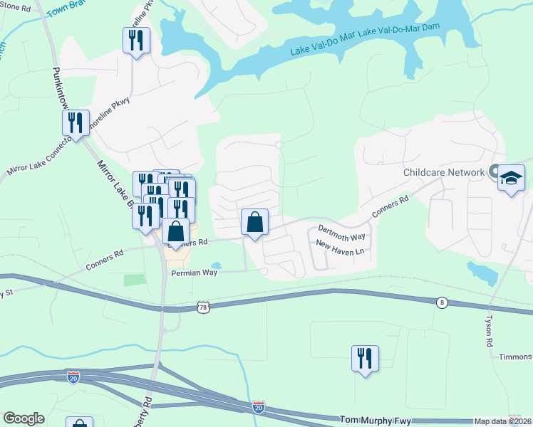 map of restaurants, bars, coffee shops, grocery stores, and more near 2761 Nautical Way in Villa Rica