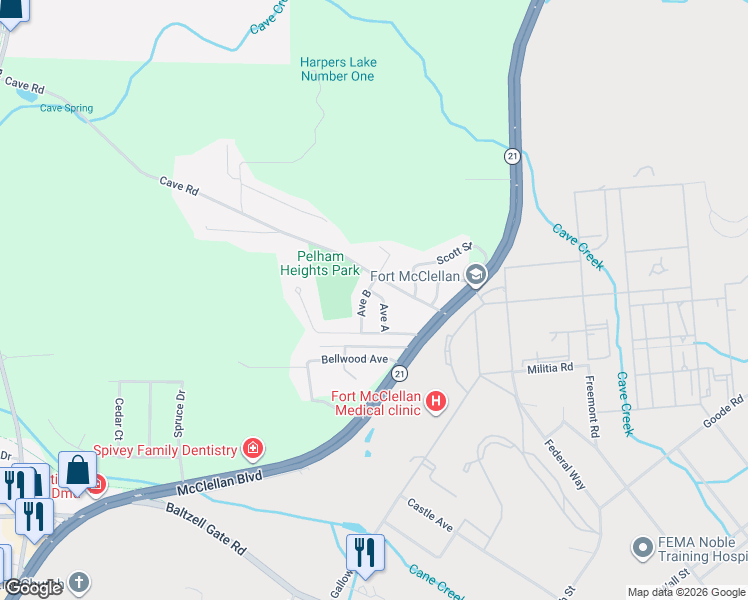 map of restaurants, bars, coffee shops, grocery stores, and more near 15 Pelham Heights in Anniston