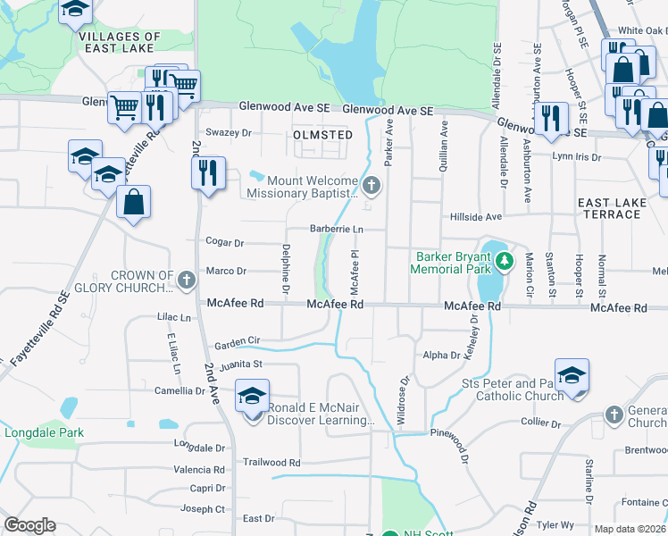 map of restaurants, bars, coffee shops, grocery stores, and more near 1976 East Starmount Way in Decatur