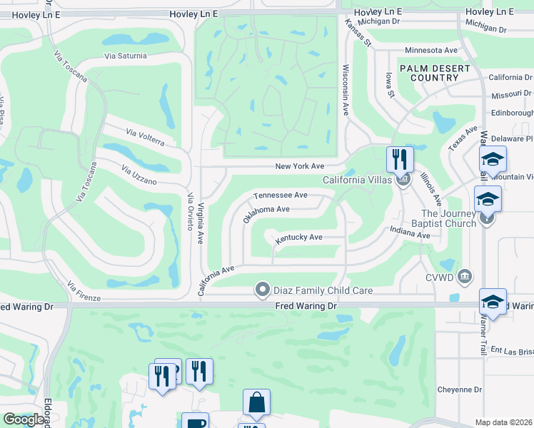 map of restaurants, bars, coffee shops, grocery stores, and more near 76835 Oklahoma Avenue in Palm Desert
