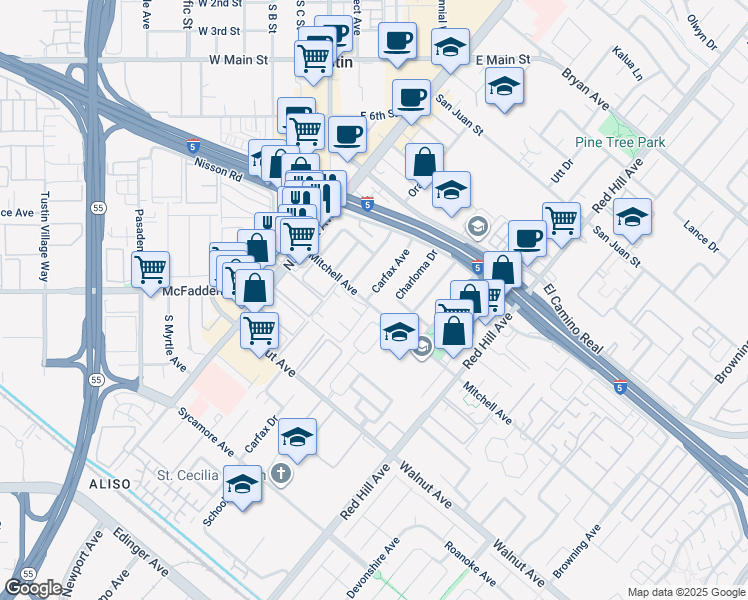 map of restaurants, bars, coffee shops, grocery stores, and more near 14232 Carfax Avenue in Tustin