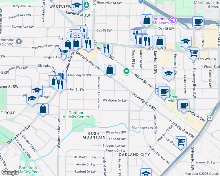 map of restaurants, bars, coffee shops, grocery stores, and more near 1297 Beecher Street Southwest in Atlanta
