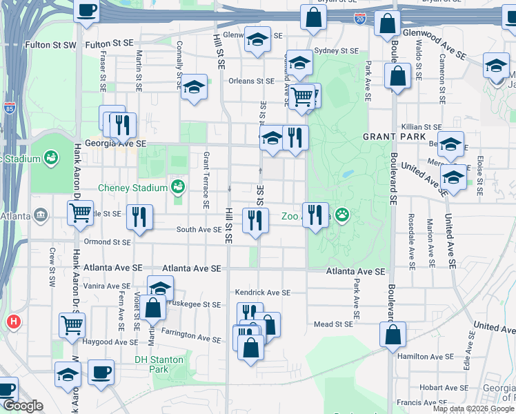map of restaurants, bars, coffee shops, grocery stores, and more near 347 Augusta Avenue Southeast in Atlanta