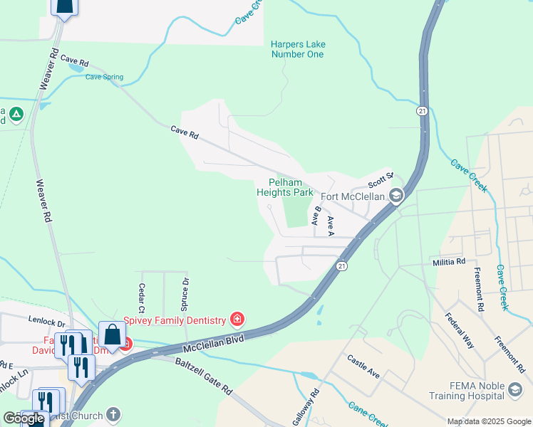 map of restaurants, bars, coffee shops, grocery stores, and more near 80 1st Avenue in Anniston