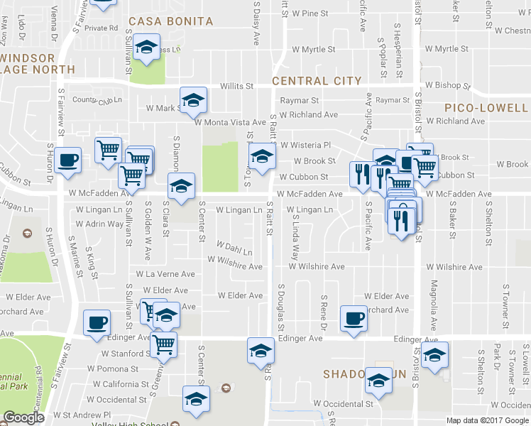 map of restaurants, bars, coffee shops, grocery stores, and more near 1100 South Raitt Street in Santa Ana