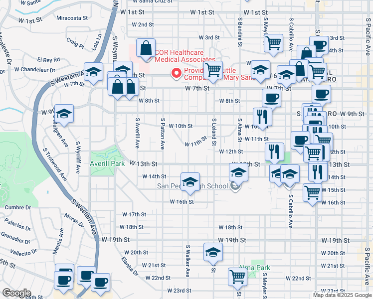 map of restaurants, bars, coffee shops, grocery stores, and more near 1115 South Walker Avenue in Los Angeles