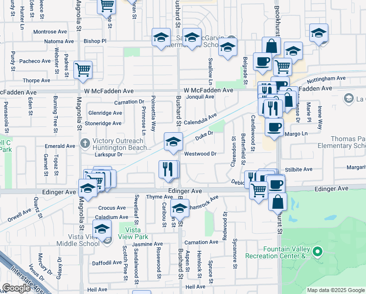 map of restaurants, bars, coffee shops, grocery stores, and more near 15781 Empire Lane in Westminster