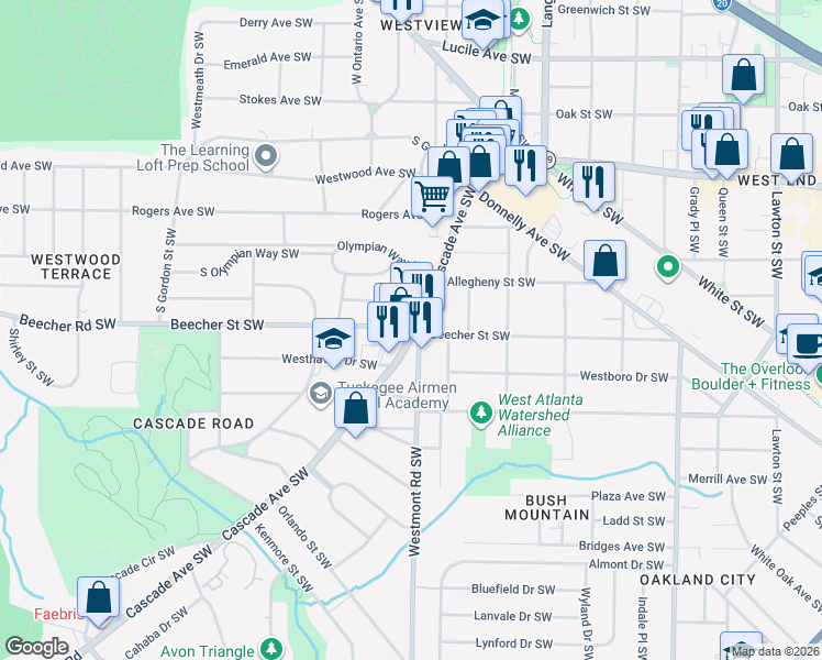 map of restaurants, bars, coffee shops, grocery stores, and more near 1535 Beecher Street Southwest in Atlanta