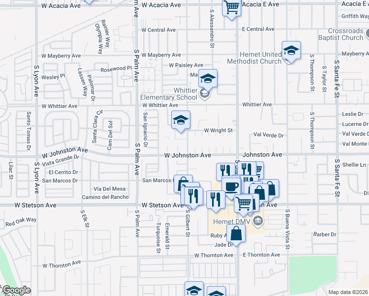 map of restaurants, bars, coffee shops, grocery stores, and more near 875 South Gilbert Street in Hemet