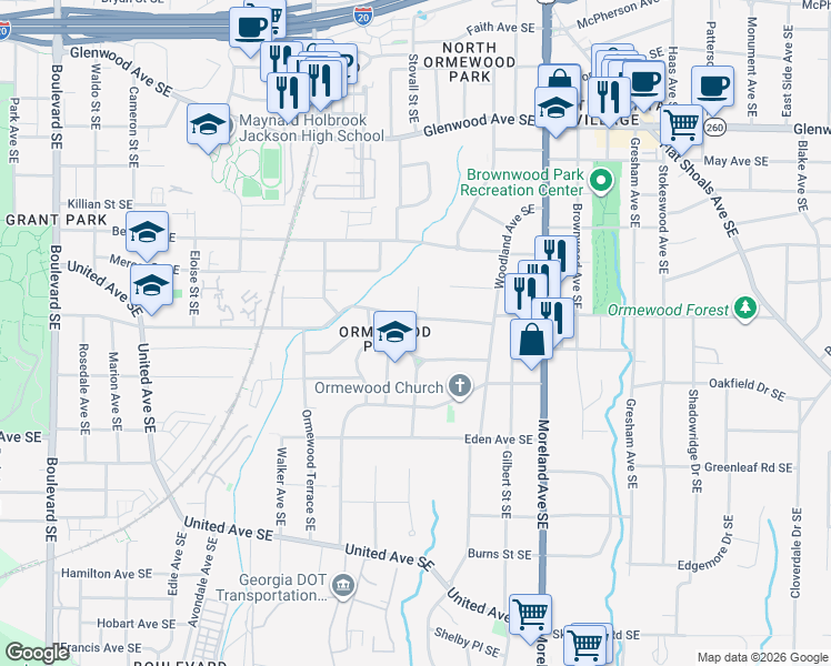 map of restaurants, bars, coffee shops, grocery stores, and more near 1023 Ormewood Avenue Southeast in Atlanta