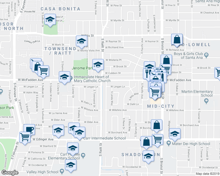 map of restaurants, bars, coffee shops, grocery stores, and more near 1120 South Linda Way in Santa Ana