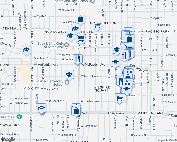 map of restaurants, bars, coffee shops, grocery stores, and more near 1128 South Parton Street in Santa Ana