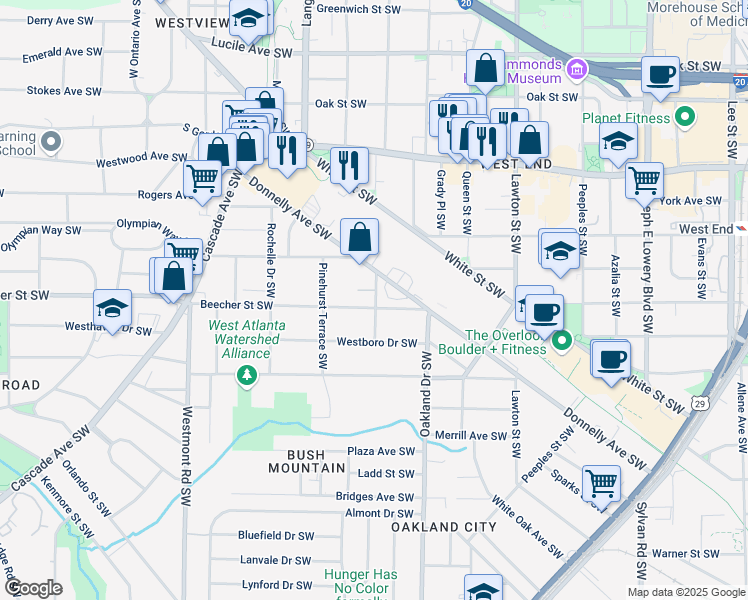 map of restaurants, bars, coffee shops, grocery stores, and more near 1283 Beecher Street Southwest in Atlanta