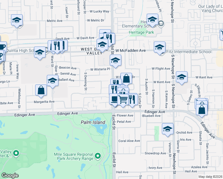 map of restaurants, bars, coffee shops, grocery stores, and more near 5214 West Crystal Lane in Santa Ana