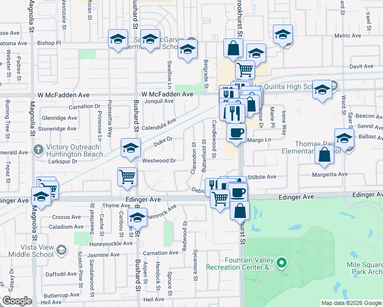 map of restaurants, bars, coffee shops, grocery stores, and more near 15781 Clarendon Street in Westminster