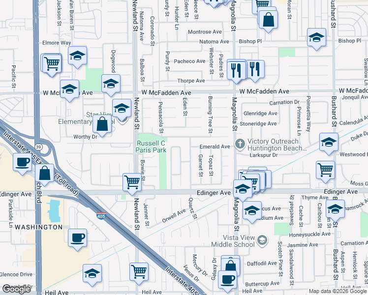map of restaurants, bars, coffee shops, grocery stores, and more near 15782 Plumwood Street in Westminster