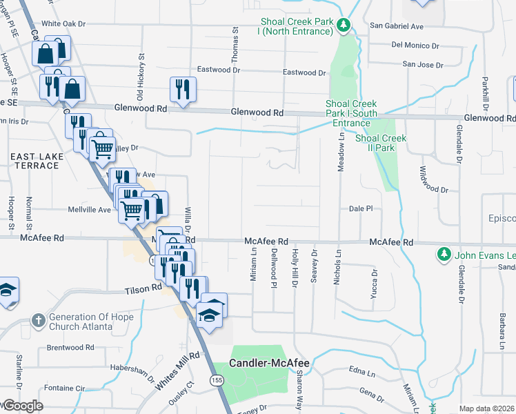 map of restaurants, bars, coffee shops, grocery stores, and more near 2785 Long Way in Decatur