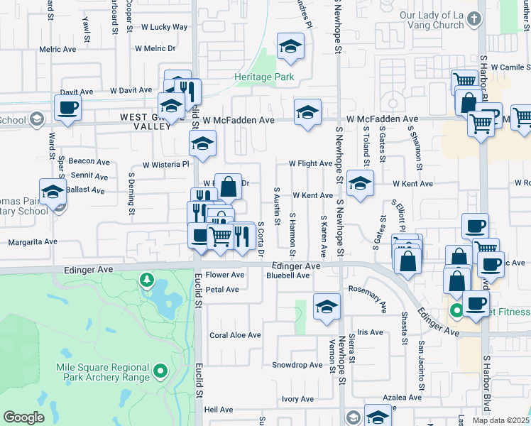 map of restaurants, bars, coffee shops, grocery stores, and more near 1029 South Corta Drive in Santa Ana