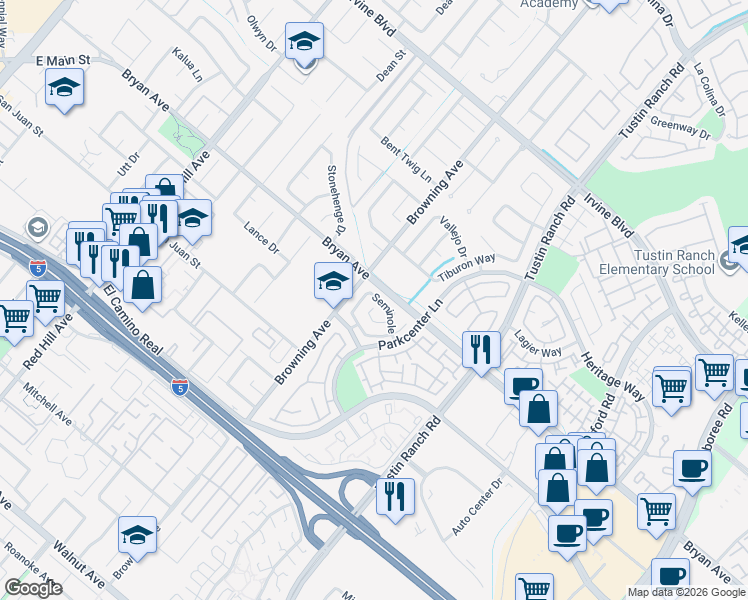 map of restaurants, bars, coffee shops, grocery stores, and more near 2042 Seminole in Tustin