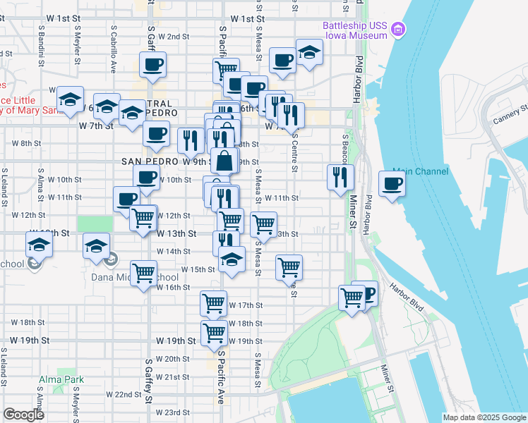 map of restaurants, bars, coffee shops, grocery stores, and more near 388 West 12th Street in Los Angeles