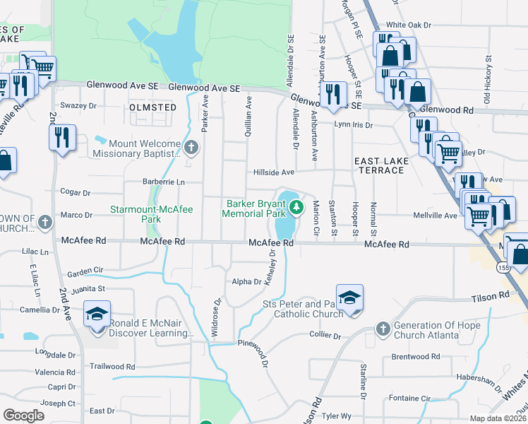 map of restaurants, bars, coffee shops, grocery stores, and more near 1979 West Lakeside Drive in Decatur