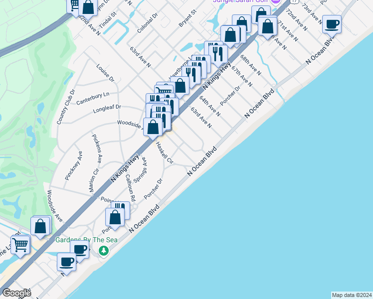 map of restaurants, bars, coffee shops, grocery stores, and more near 308 Sunset Trail in Myrtle Beach